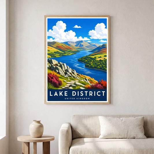 Ullswater travel poster in a natural frame, hanging in a living