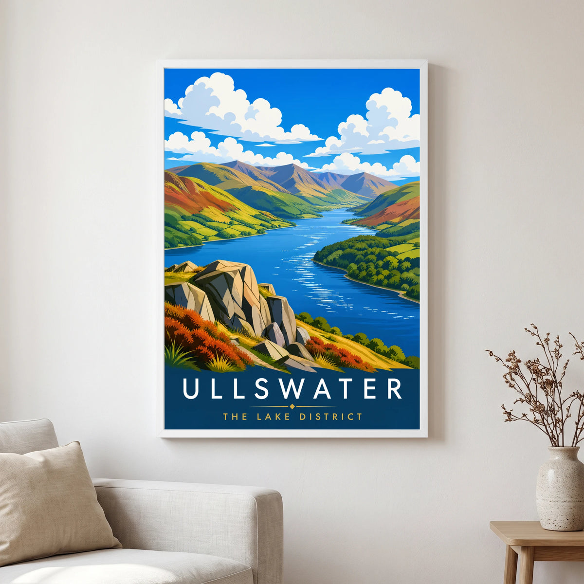 Ullswater travel poster in a white frame, hanging in a living2