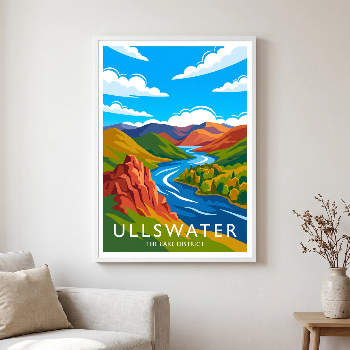 Ullswater travel poster in a white frame, hanging in a living2