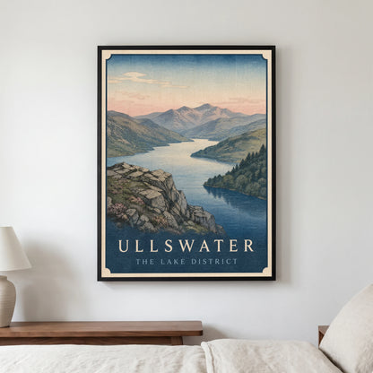 Ullswater travel poster in a black frame, hanging in a bedroom3