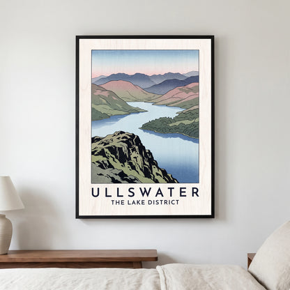 Ullswater travel poster in a black frame, hanging in a bedroom3