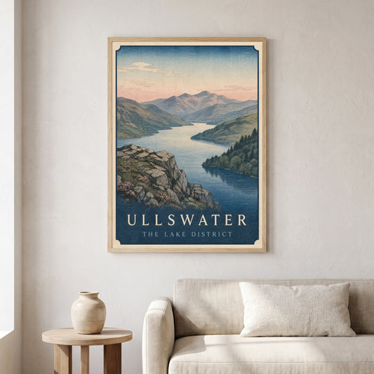 Ullswater travel poster in a natural frame, hanging in a living