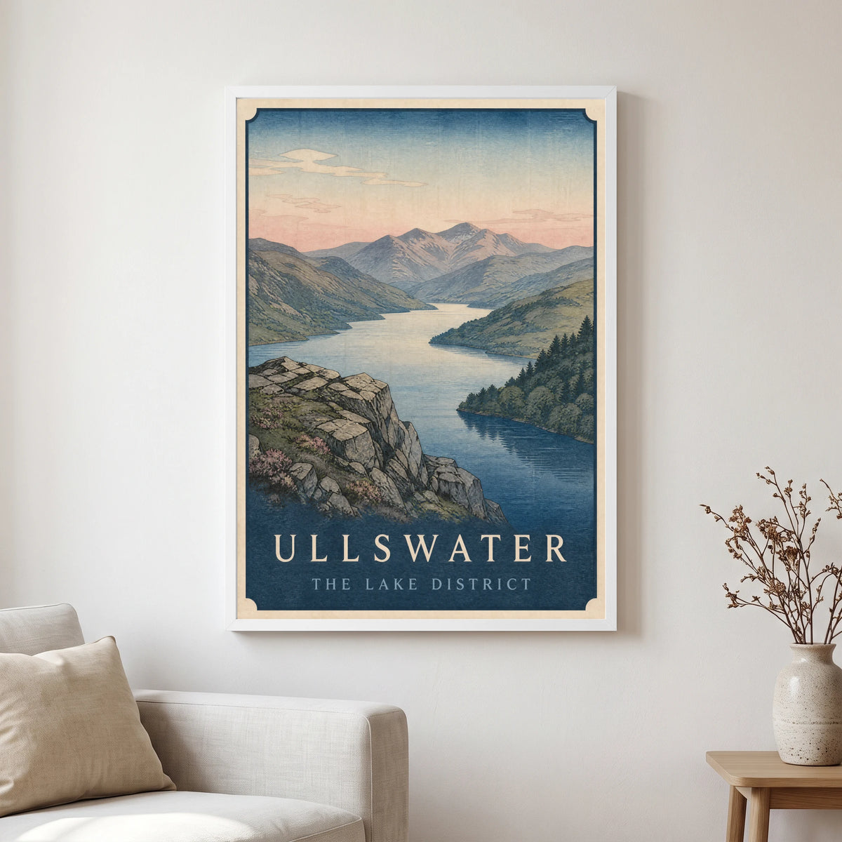 Ullswater travel poster in a white frame, hanging in a living2