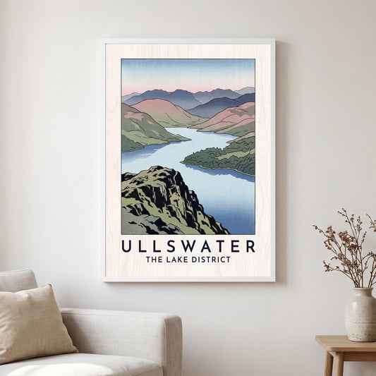Ullswater travel poster in a white frame, hanging in a living2