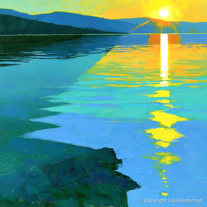 Ultramarine Sunset Over the Lake - lake district lake art print and canvas by Daphne Morley A.I