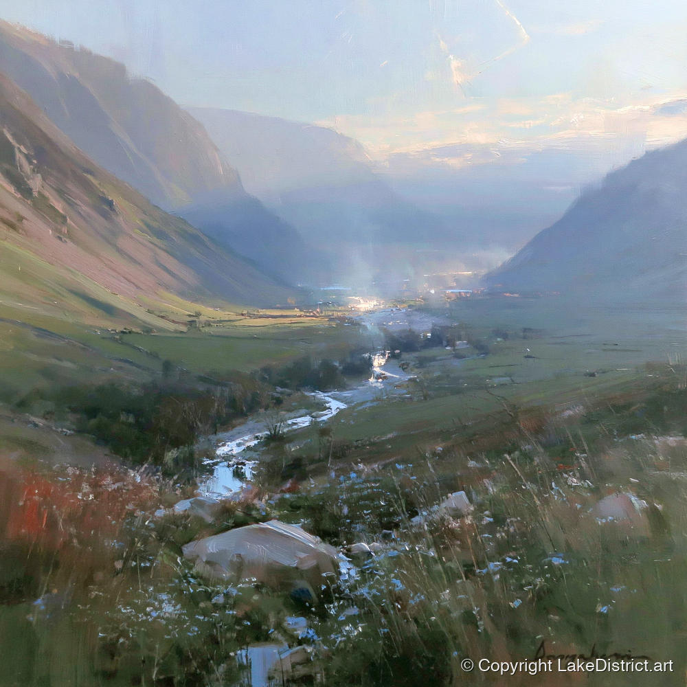 Valley Beck in Morning Haze - lake district valley art print and canvas by Marcus Dalton A.I