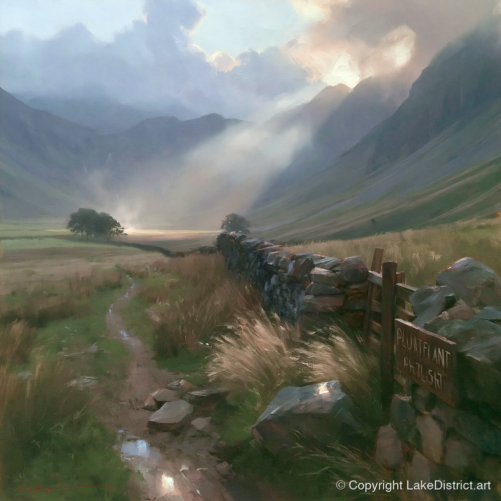 Valley Drystone Wall Under Sunburst - lake district valley art print and canvas by Marcus Dalton A.I