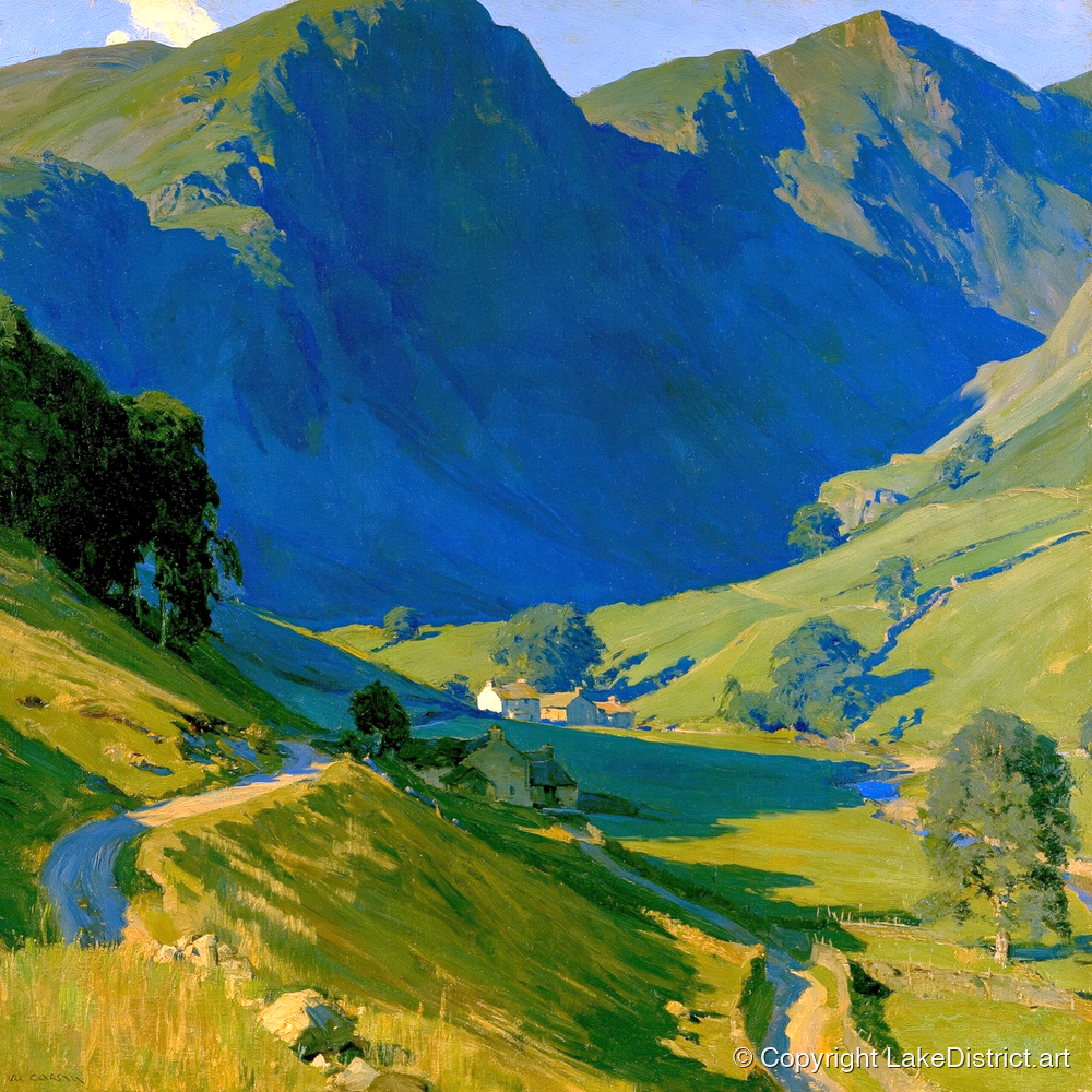 Valley Farm Beneath Blue Fells - lake district valley art print and canvas by Percival Kent A.I