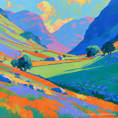 Valley Farm Beneath Bright Fells - lake district valley art print and canvas by Jonathan Crawford A.I