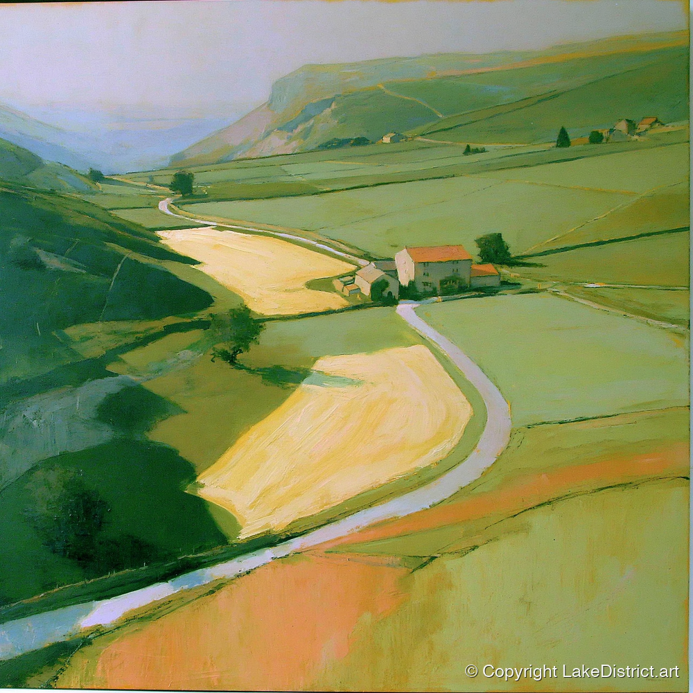 Valley Farm in Golden Light - lake district valley art print and canvas by Emerson Grey A.I