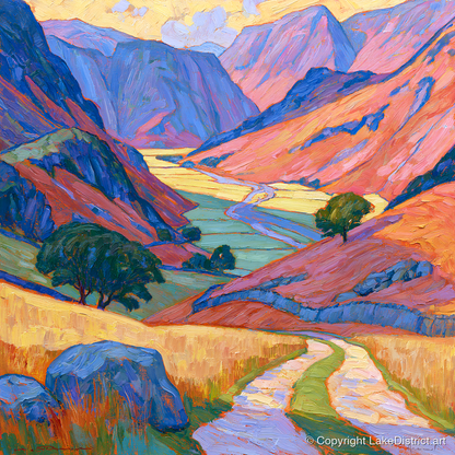 Vibrant Amber Light in the Fell Valley - lake district valley art print and canvas by Celia Harding A.I