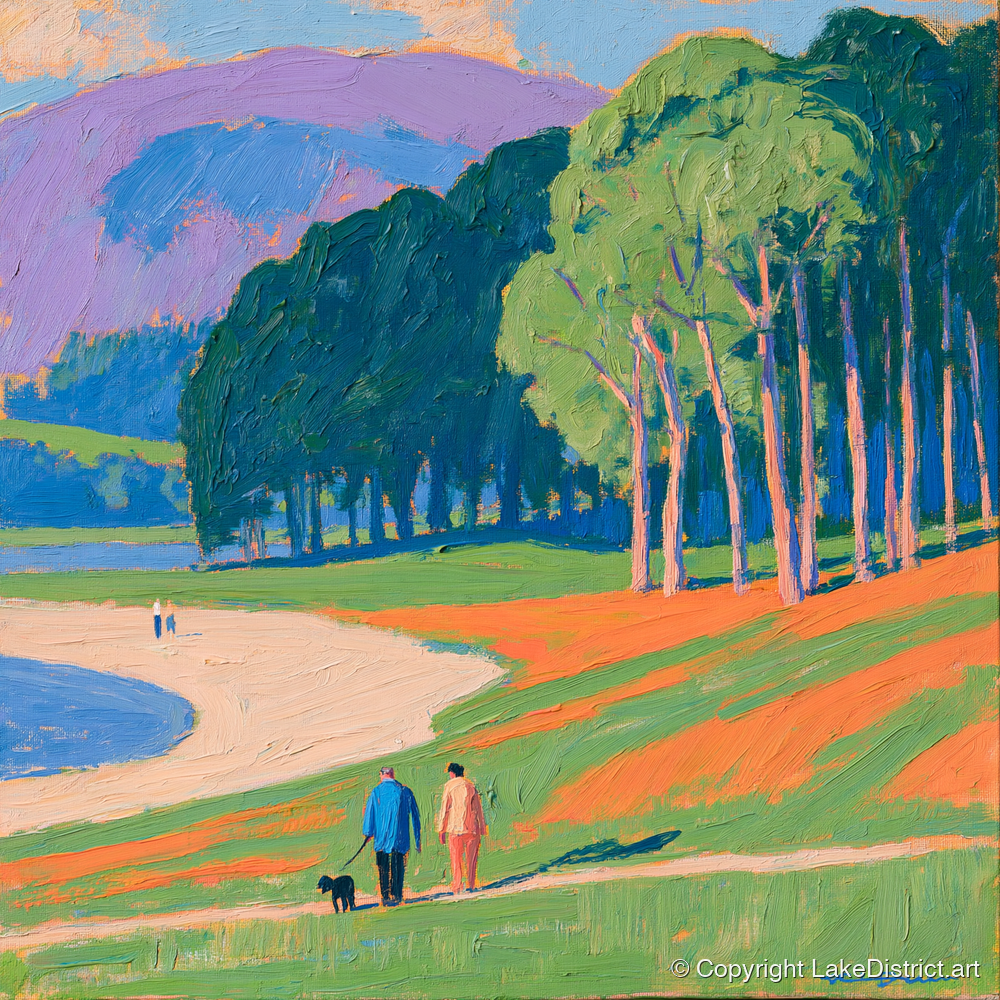 Vibrant Ambleside Dog Walk - gifts for dog walkers art print and canvas by Marshall Davies A.I