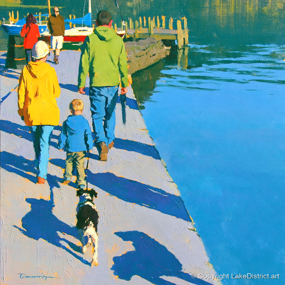 Vibrant Ambleside Family Dog Walk - gifts for dog walkers art print and canvas by Daphne Morley A.I