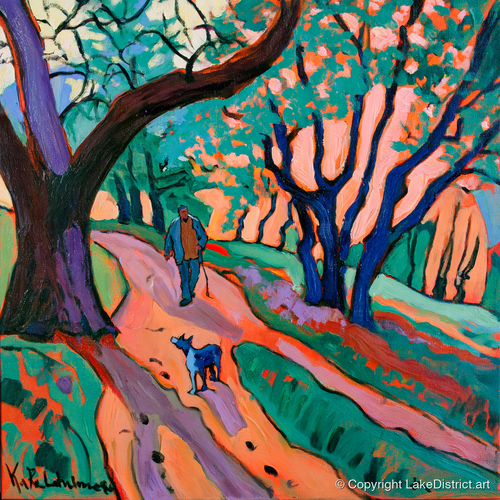 Vibrant Ambleside Woodland Dog Walk - gifts for dog walkers art print and canvas by Gideon Wright A.I