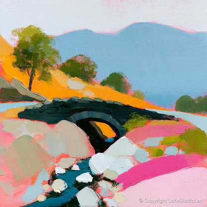 Vibrant Ashness Bridge Borrowdale - lake district waterfall art print and canvas by Genevieve Moore A.I
