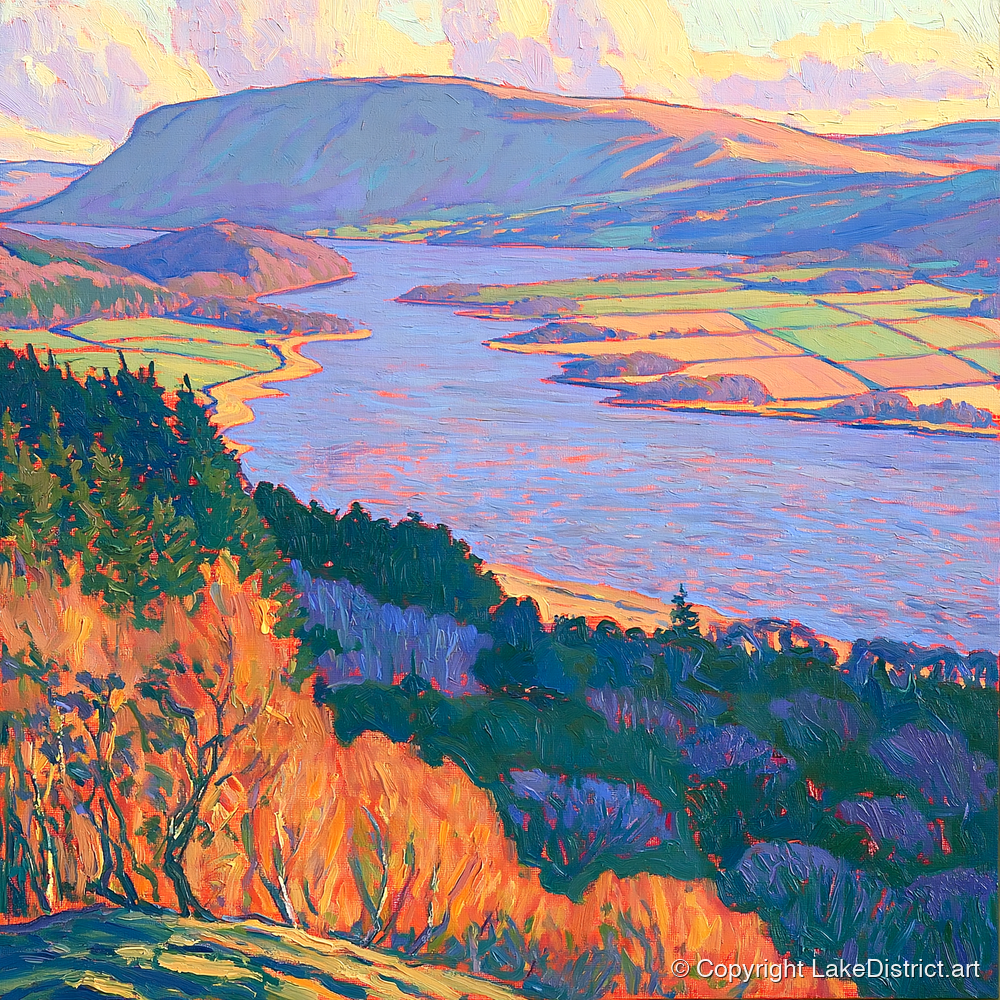 Vibrant Autumn Over Bassenthwaite Lake - lake district lake art print and canvas by Celia Harding A.I