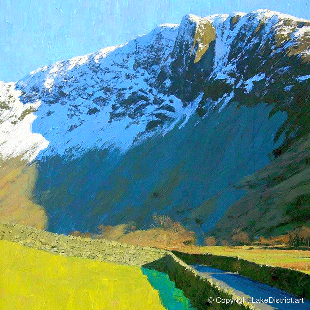 Vibrant Base Brown Snowy Ridge - lake district fell art print and canvas by Daphne Morley A.I