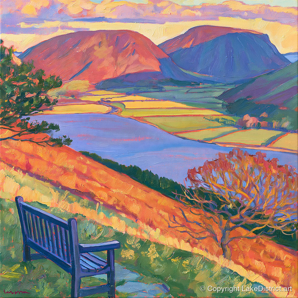Vibrant Bench View Over Loweswater - lake district lake art print and canvas by Celia Harding A.I