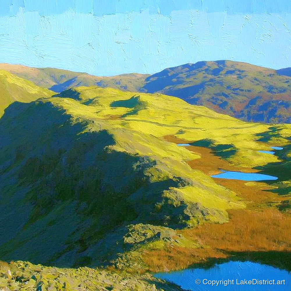 Vibrant Blea Rigg and Tarns - lake district fell art print and canvas by Daphne Morley A.I