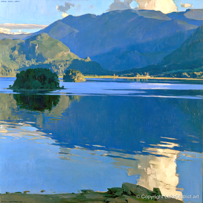 Vibrant Blue Derwentwater and Catbells - lake district lake art print and canvas by Percival Kent A.I