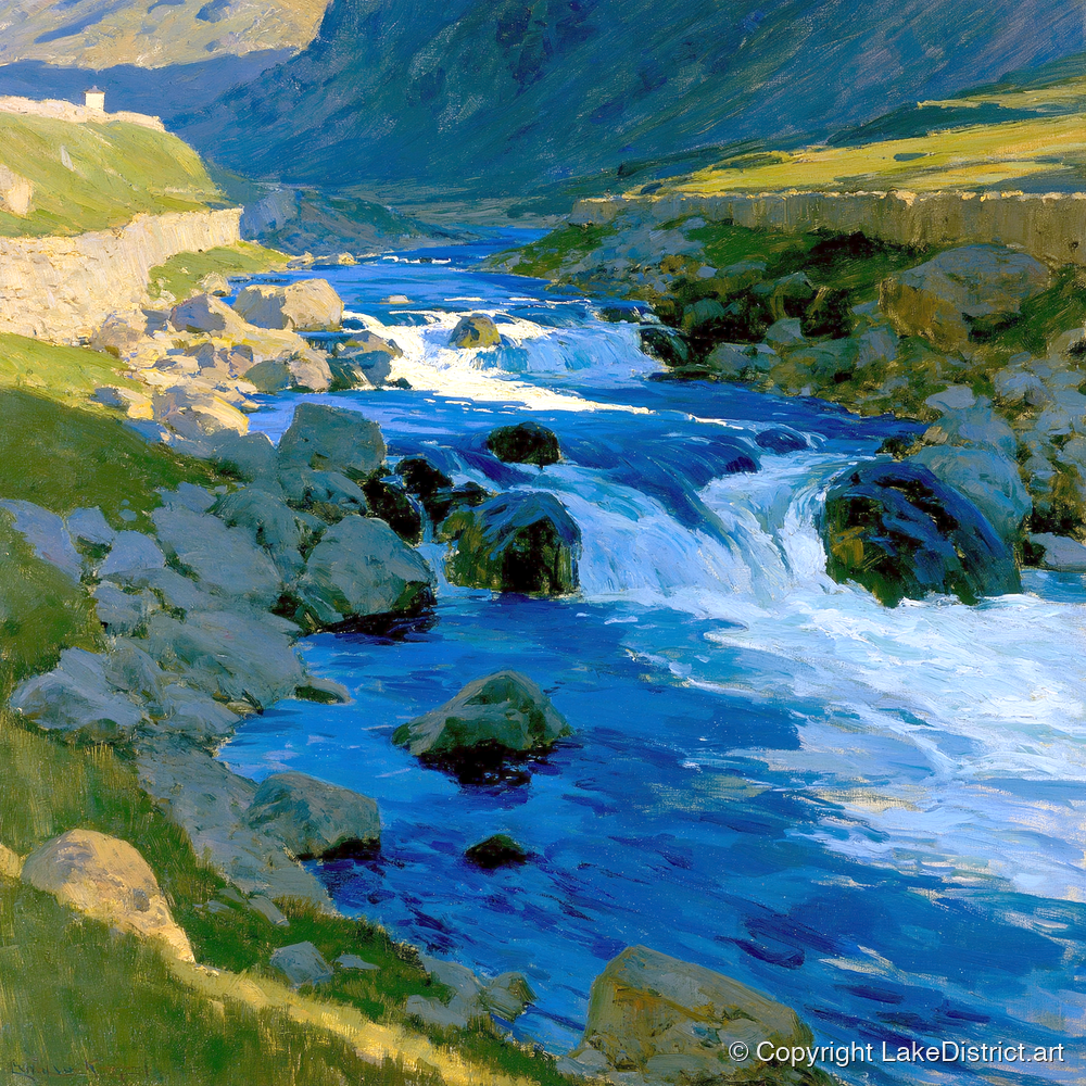 Vibrant Blue Fellside Beck - lake district waterfall art print and canvas by Percival Kent A.I