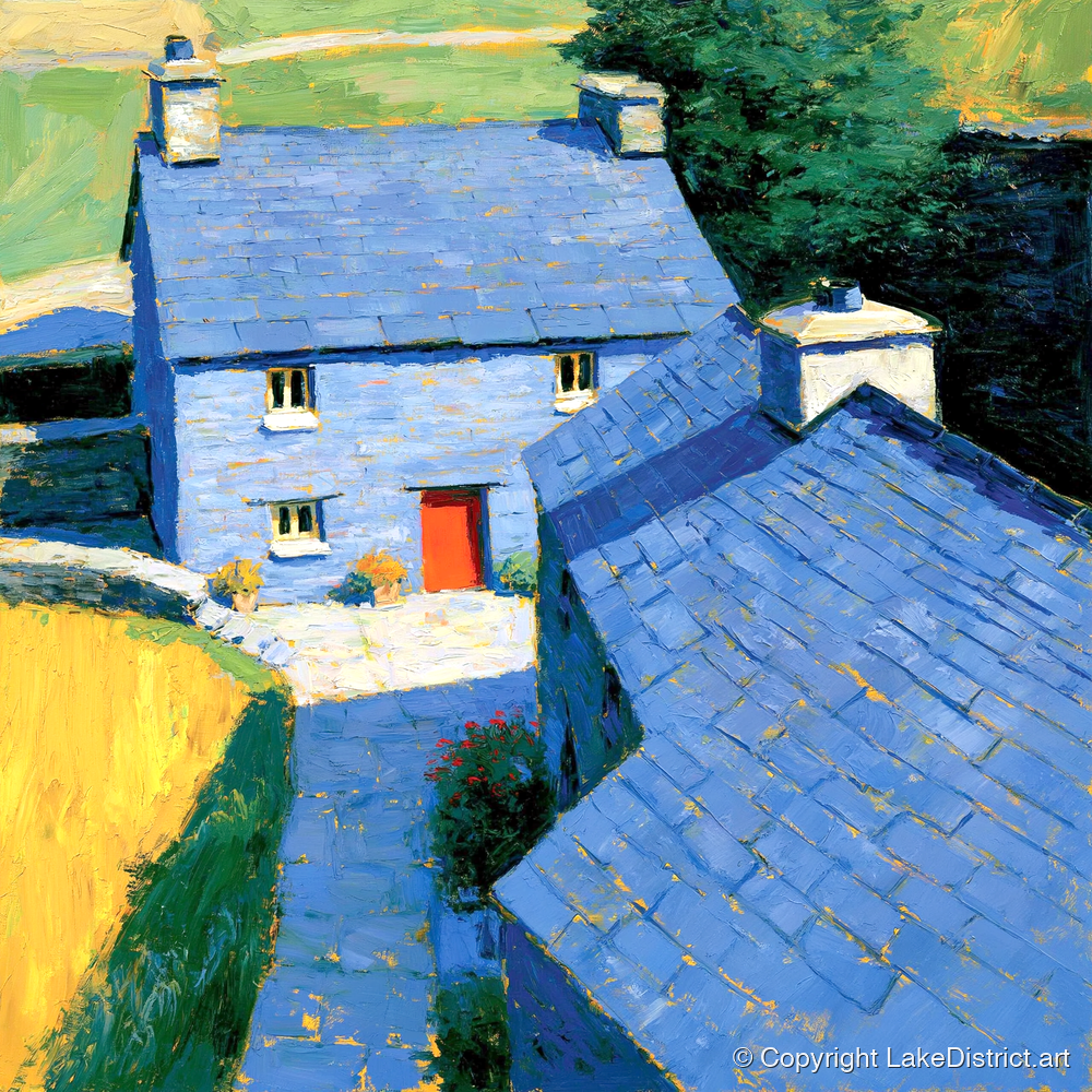 Vibrant Blue Slate Cottages - lake district village art print and canvas by Hugo Beckett A.I
