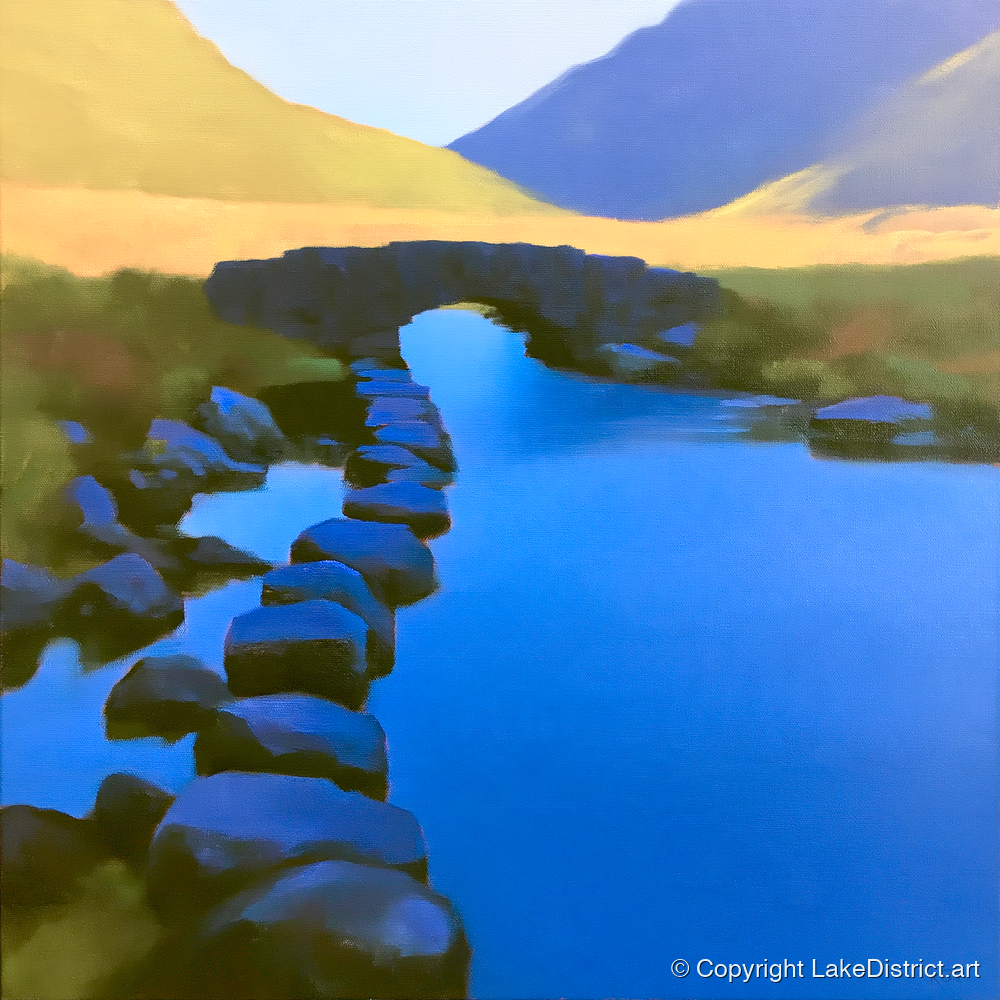 Vibrant Blue Stream and Bridge - lake district waterfall art print and canvas by Rowan Fletcher A.I