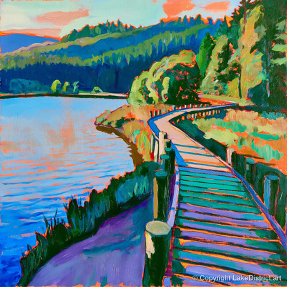 Vibrant Boardwalk at Tarn Hows - lake district lake art print and canvas by Gideon Wright A.I