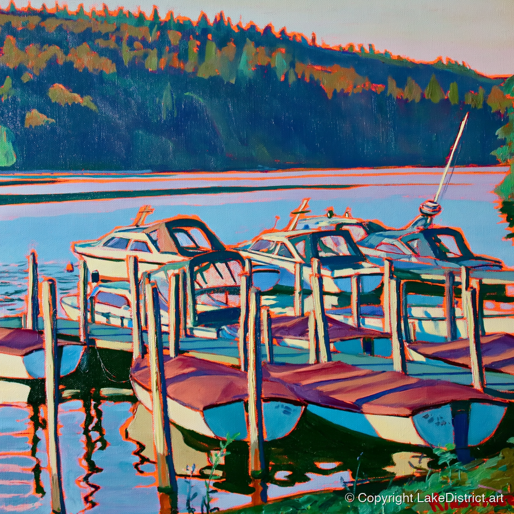 Vibrant Boats Moored on Windermere - lake district lake art print and canvas by Gideon Wright A.I