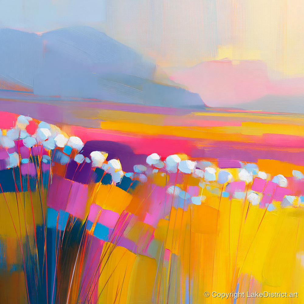 Vibrant Bog Cotton Moorland - lake district wildflower art print and canvas by Imogen Tate A.I