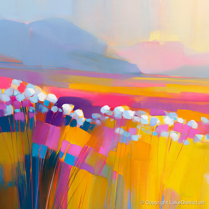 Vibrant Bog Cotton Moorland - lake district wildflower art print and canvas by Imogen Tate A.I