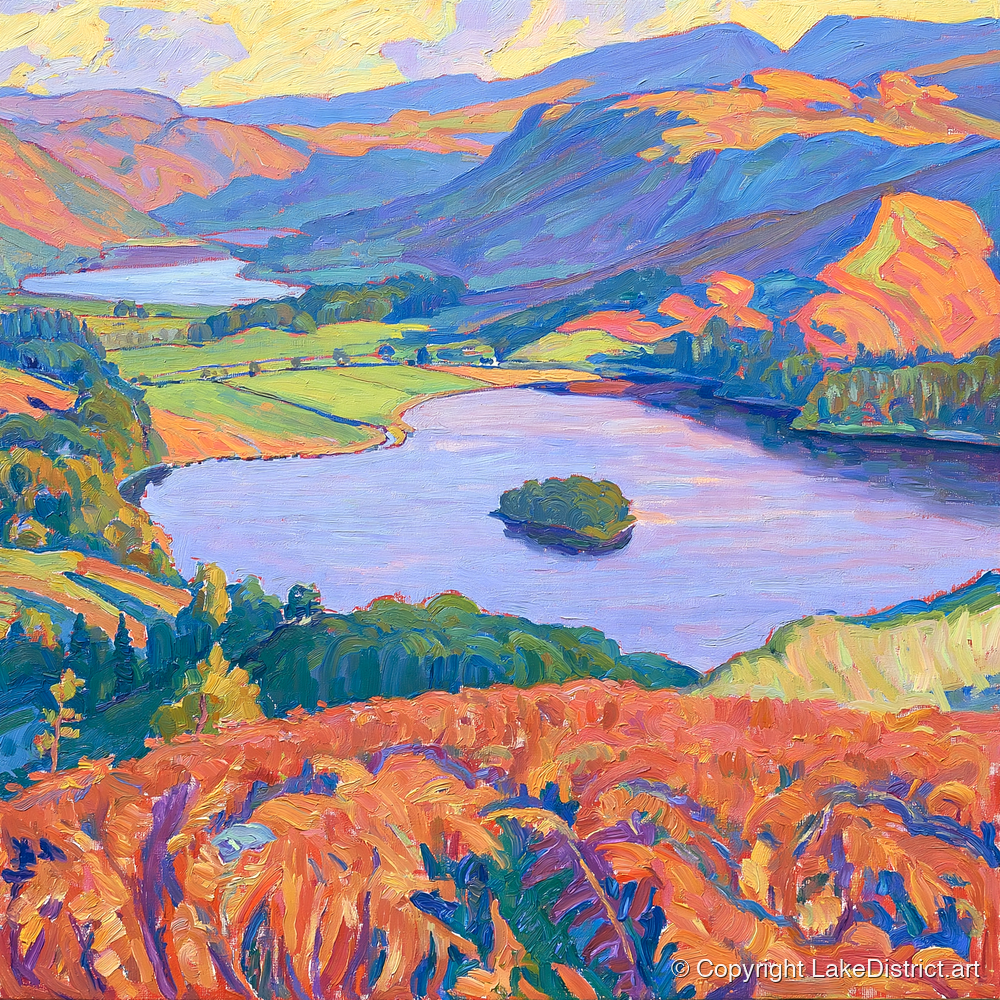 Vibrant Bracken Over Grasmere - lake district lake art print and canvas by Celia Harding A.I