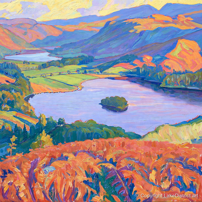 Vibrant Bracken Over Grasmere - lake district lake art print and canvas by Celia Harding A.I