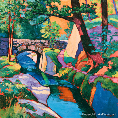 Vibrant Bridge Over Turquoise Beck - lake district waterfall art print and canvas by Gideon Wright A.I