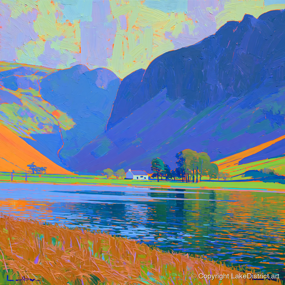 Vibrant Buttermere and White Cottage - lake district lake art print and canvas by Jonathan Crawford A.I