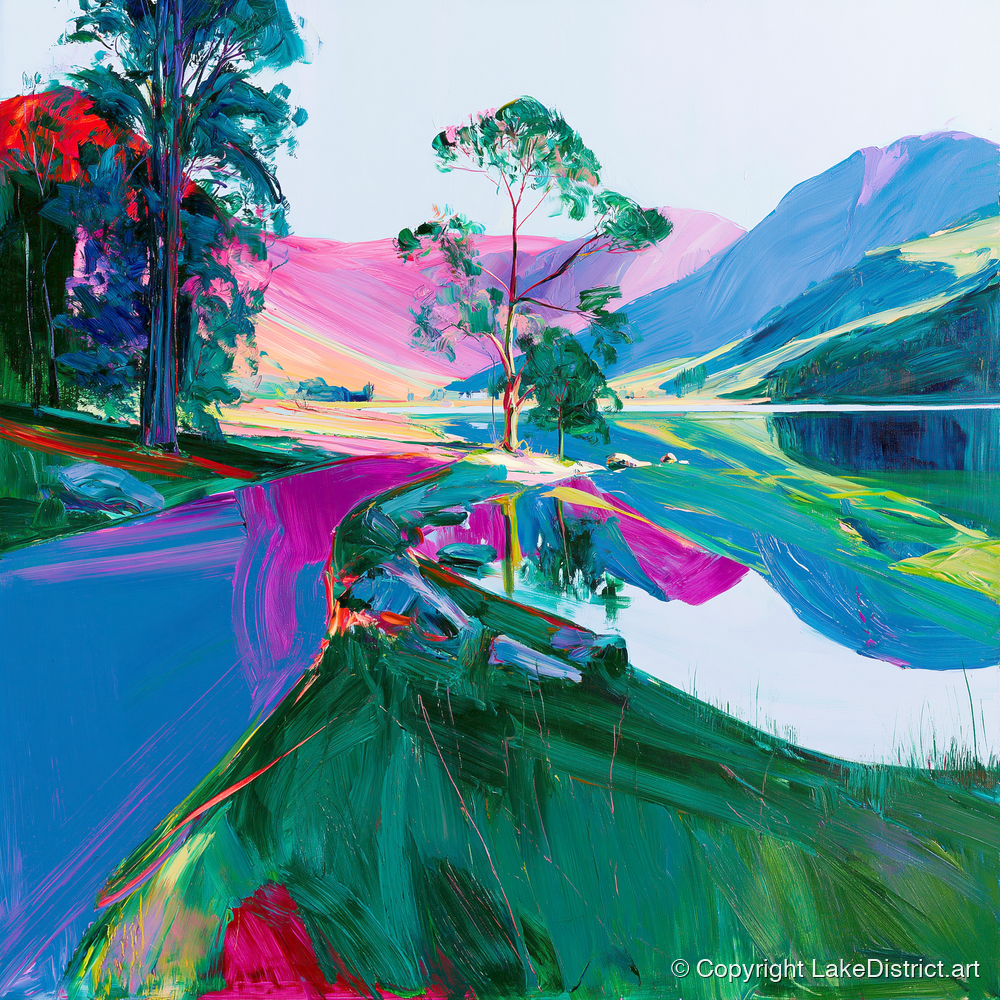 Vibrant Buttermere Lakeside Shore - lake district lake art print and canvas by Julian Mercer A.I