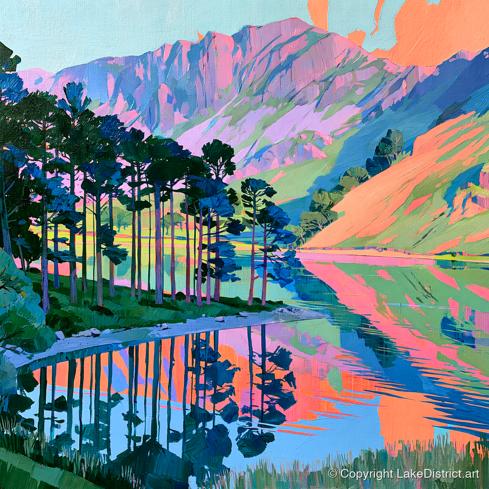 Vibrant Buttermere Scots Pines - lake district lake art print and canvas by Sylvia Carmichael A.I