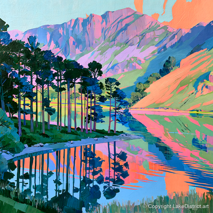 Vibrant Buttermere Scots Pines - lake district lake art print and canvas by Sylvia Carmichael A.I