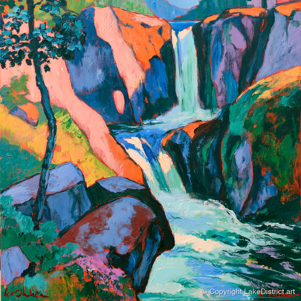 Vibrant Cascading Fellside Waterfall - lake district waterfall art print and canvas by Gideon Wright A.I