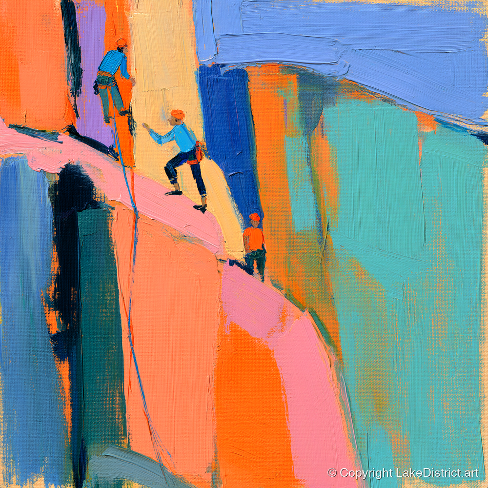 Vibrant Climbers on the Crag - lake district walking art print and canvas by Simon Prescott A.I