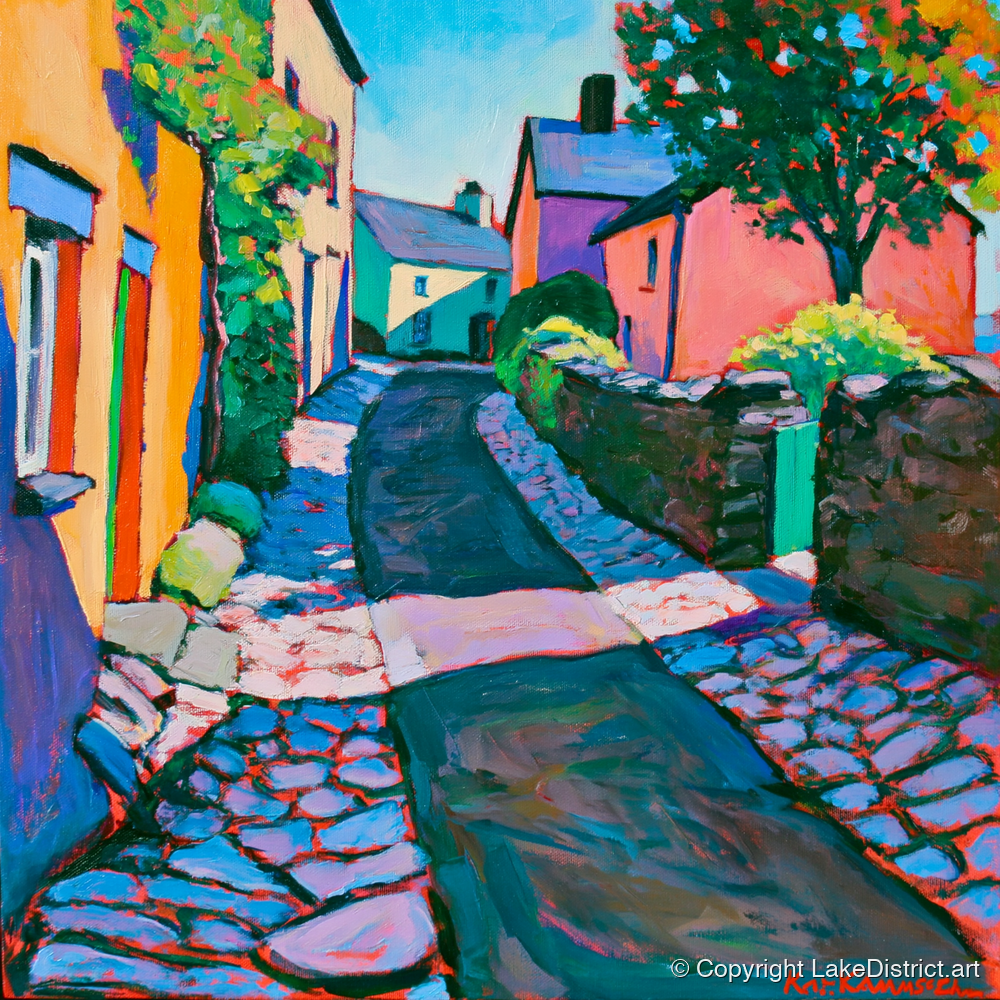 Vibrant Cobbled Village Street - lake district village art print and canvas by Gideon Wright A.I
