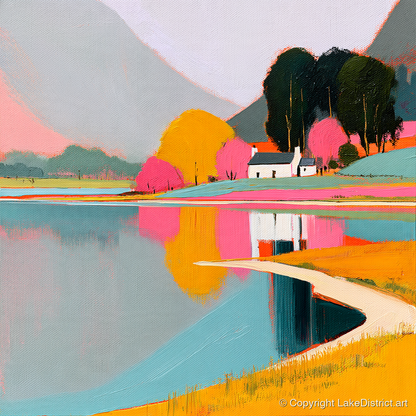 Vibrant Cottage and Lake Reflections - lake district lake art print and canvas by Genevieve Moore A.I