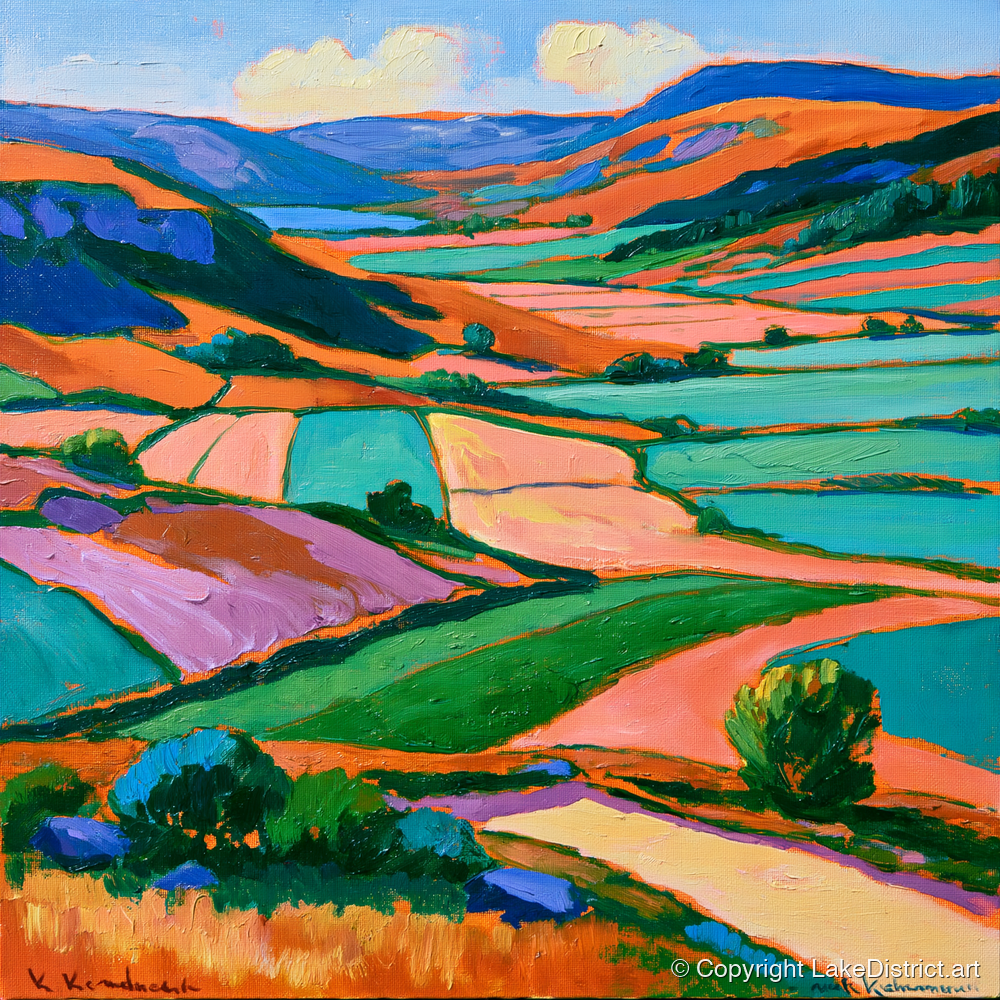 Vibrant Dale Patchwork Fields - lake district valley art print and canvas by Gideon Wright A.I