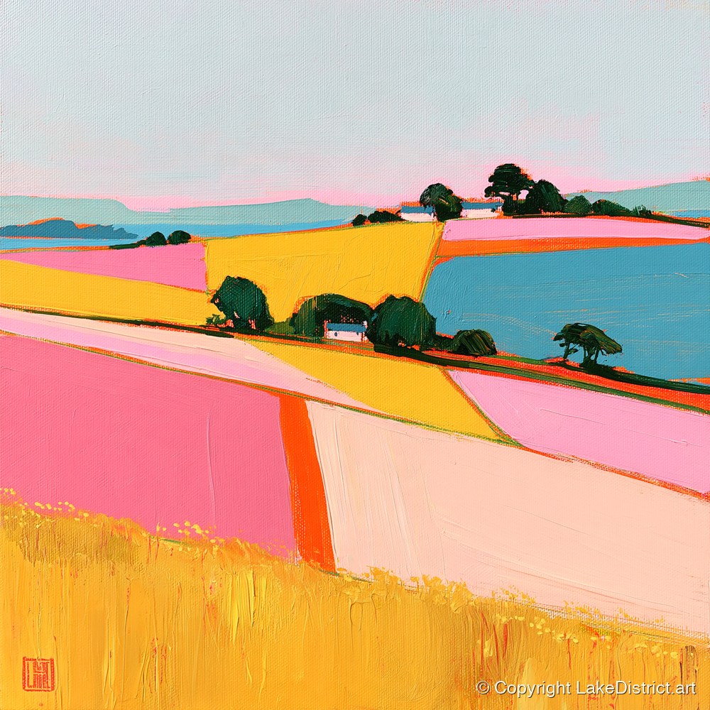 Vibrant Dale Patchwork Fields - lake district valley art print and canvas by Genevieve Moore A.I