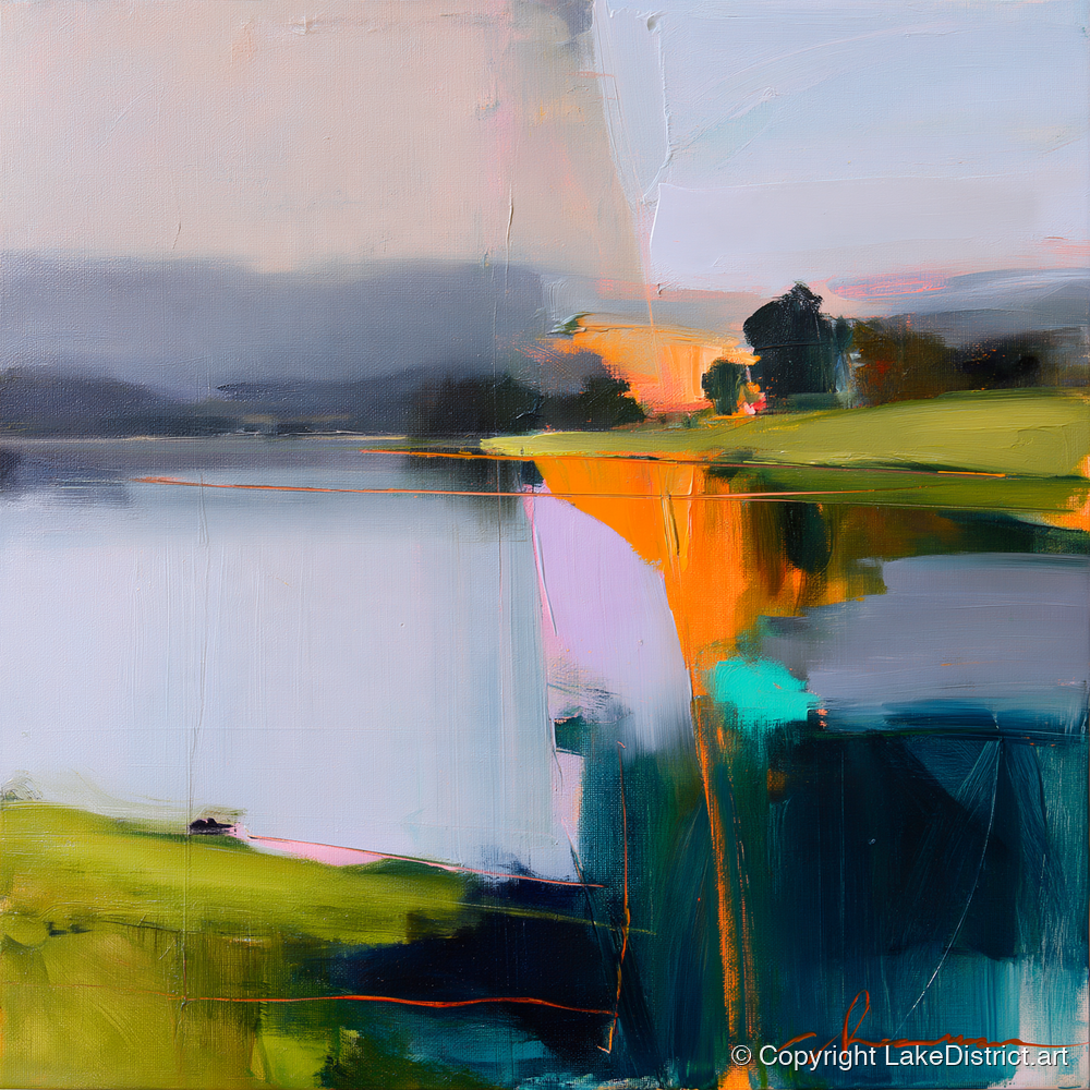 Vibrant Dawn on Still Lake - lake district lake art print and canvas by Warren Yates A.I