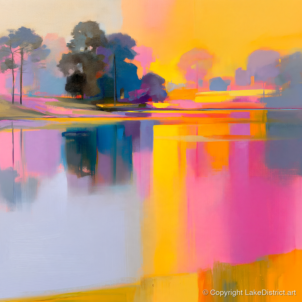 Vibrant Dawn Over A Still Lake - lake district lake art print and canvas by Imogen Tate A.I
