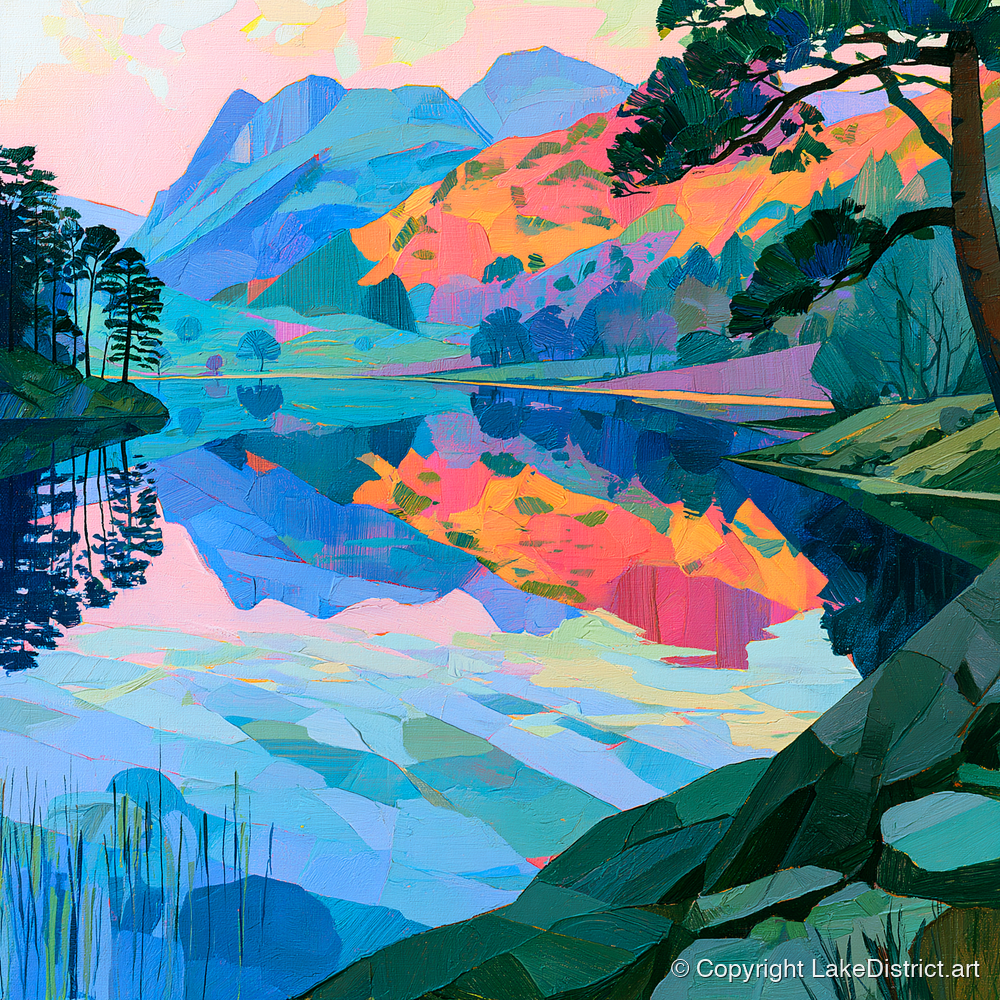 Vibrant Dawn Over Still Lake - lake district lake art print and canvas by Sylvia Carmichael A.I