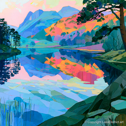 Vibrant Dawn Over Still Lake - lake district lake art print and canvas by Sylvia Carmichael A.I