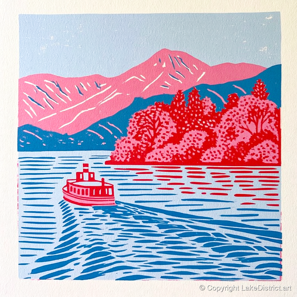 Vibrant Derwentwater Boat and Fells - lake district lake art print and canvas by Christopher Seaton A.I