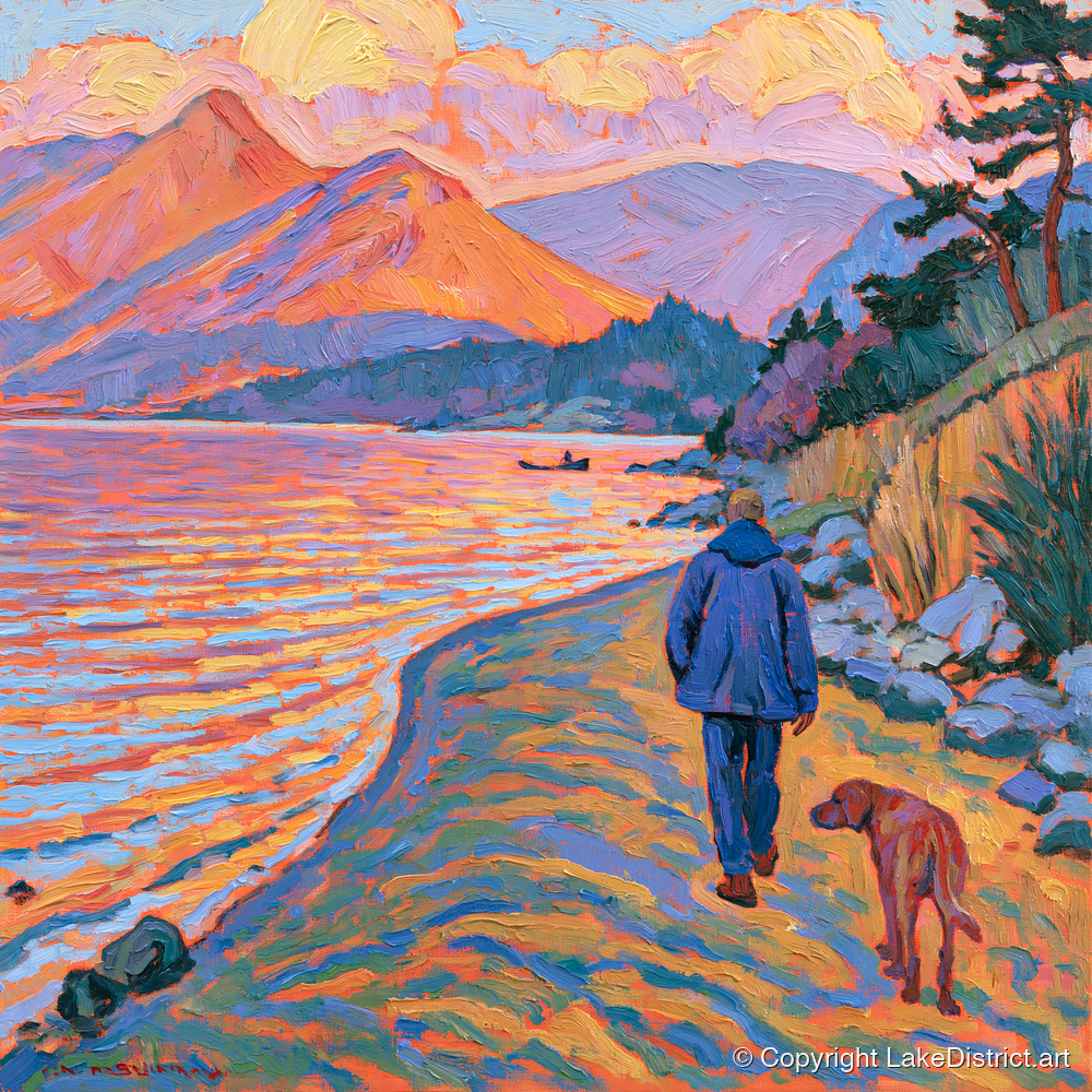 Vibrant Derwentwater Dog Walk - gifts for dog walkers art print and canvas by Celia Harding A.I